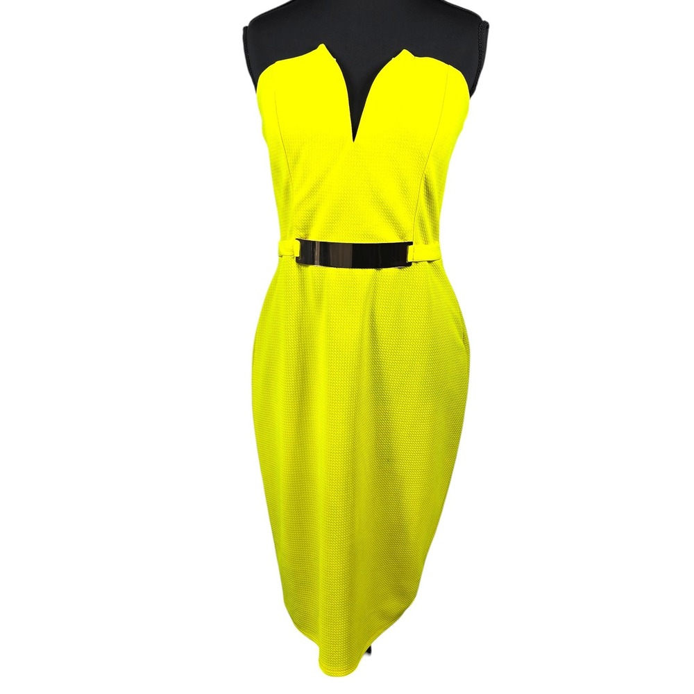 Angelique by Burbu Neon Yellow Textured Jacquard Belted V-Neck Sheath Dress XL